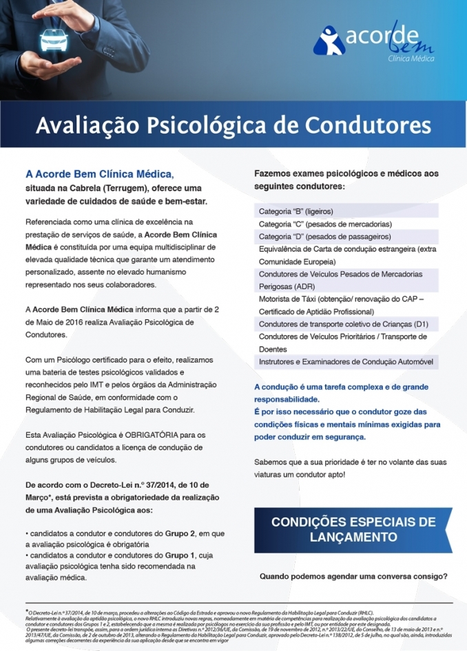 Novidade! Avaliação Psicologica de Condutores - Acorde Bem Clinica Médica